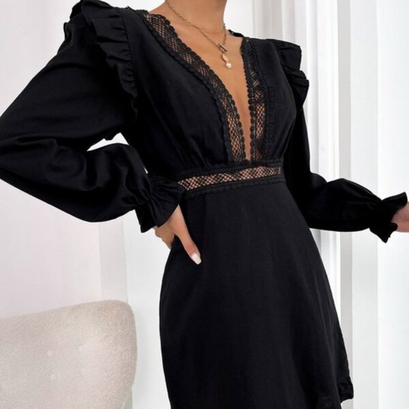 Black Plunging Neckline Lace Ruffle Sleeve Mini Dress - Picture 10 of 13